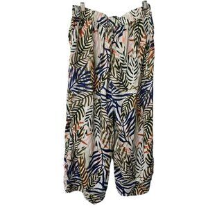 Tahari Linen Pants Womens L Botanical Print Crop Wide Leg Boho Beach Coastal